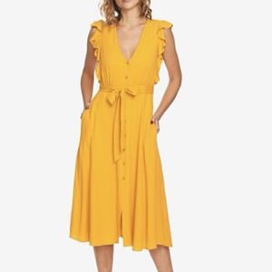 NWOT 1.STATE Mustard Yellow Ruffle Sleeve Button Tie Waist Midi Dress M Romantic